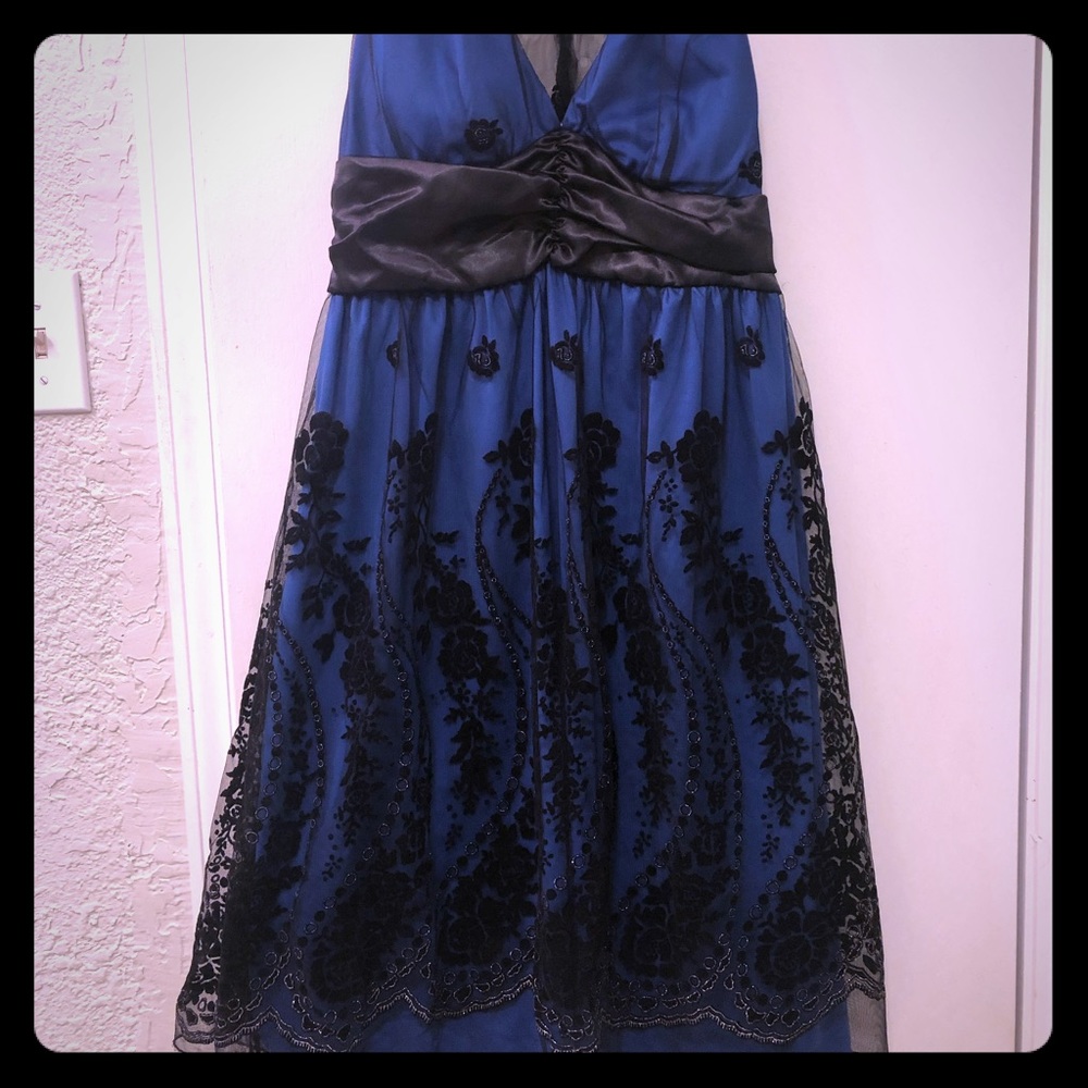 Blue and black lacy formal dress